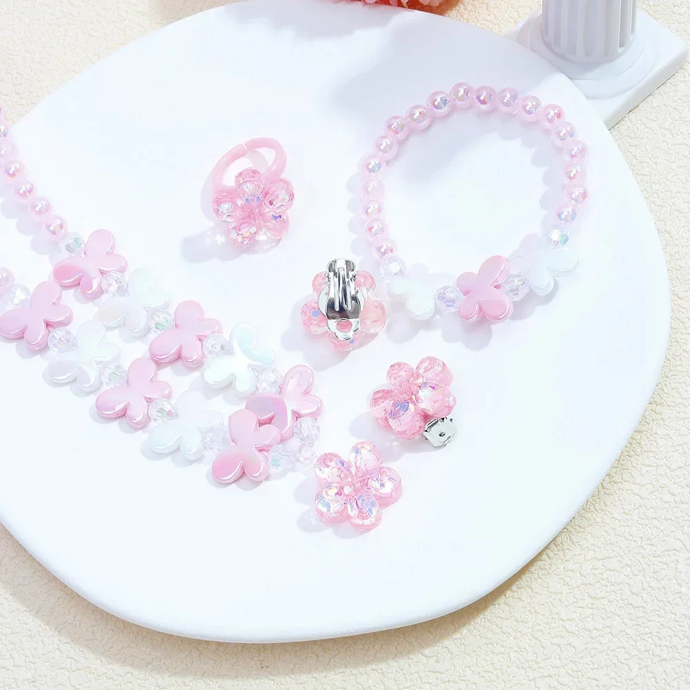 Girls' 5-Piece Jewelry: Flower Pendant, Earrings, Ring, Beaded Necklace & Bracelet, Cute Versatile Kids' Accessories