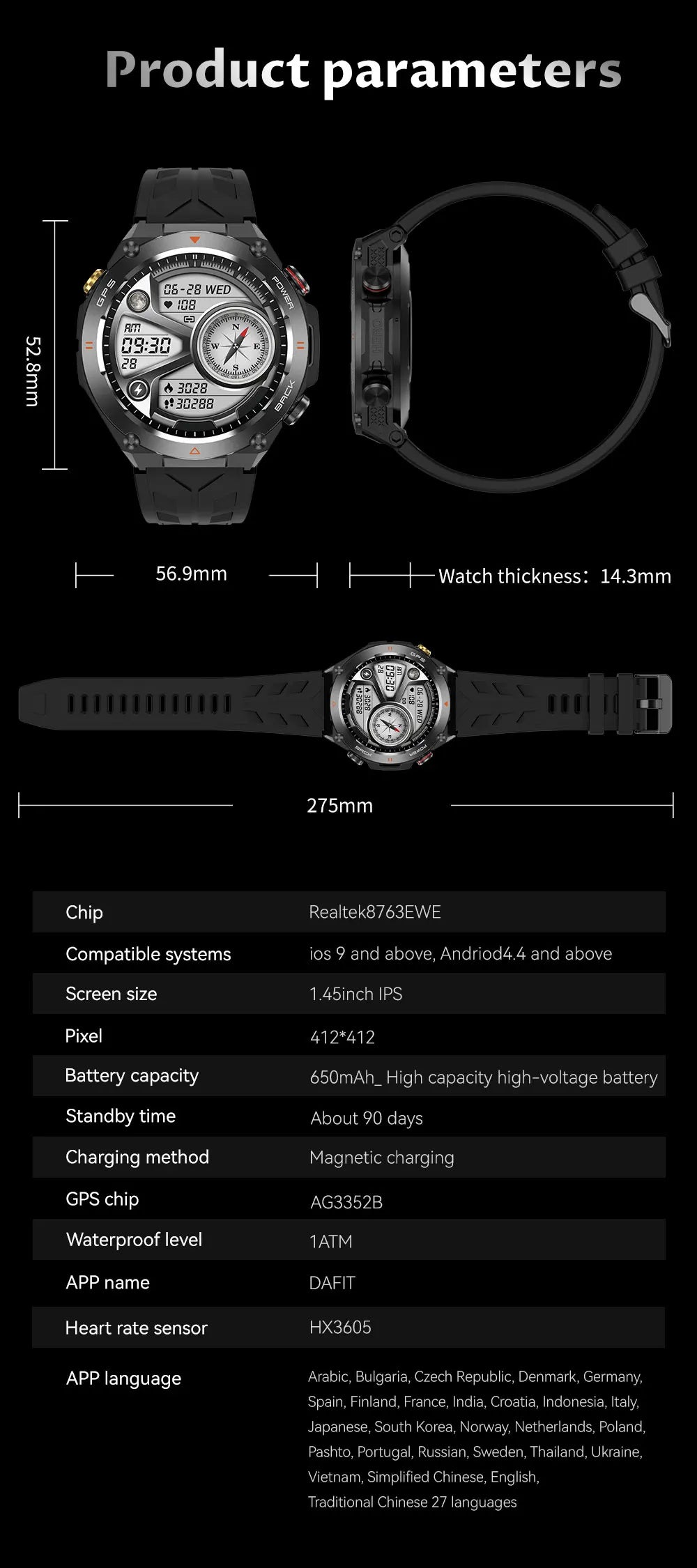 2024 New GPS Smart Watch Man 1.45" Ultra HD Display Built-in GPS Compass Make/Receive Phone Calls Smart Bracelet 650mAh Battery