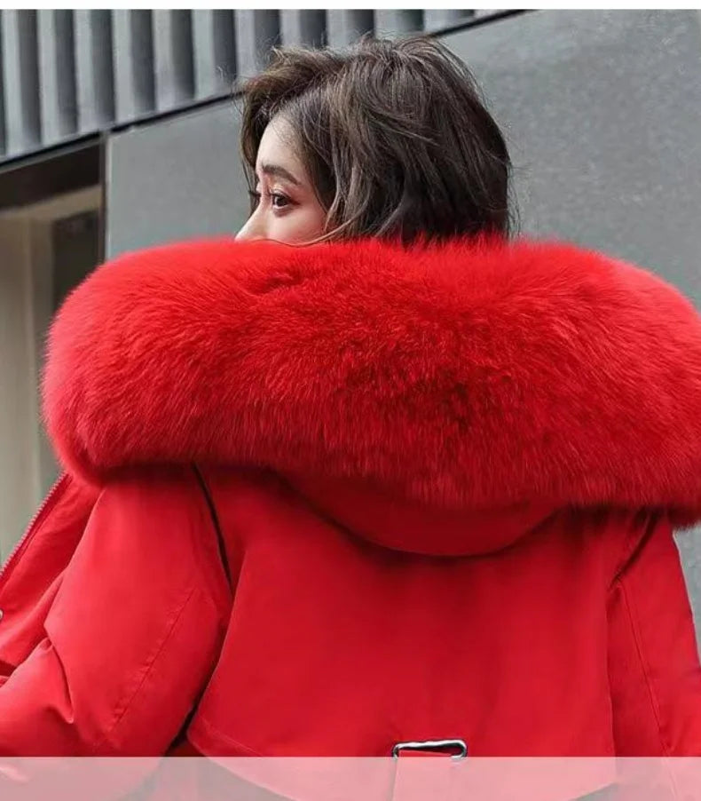 Winter Women Clothes Wool Liner Jacket Casual Thick Parka Fur Collar Long Coat Warm Hooded Snow Wear Padded Solid Colour Jackets