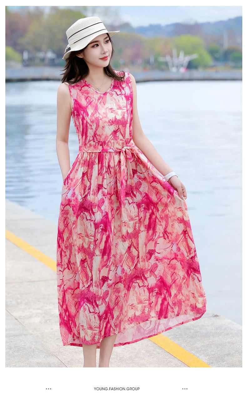 Spring Summer Dresses Fashion Female Sleeveless printed Casual Dress Women A-line Dresses Vestidos