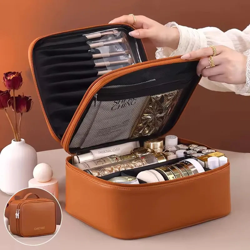 Multi-functional Cosmetic Bag Large-capacity Makeup Bag PU Double-layer Portable Travel Toiletry Pouch Women Makeup Storage Bag