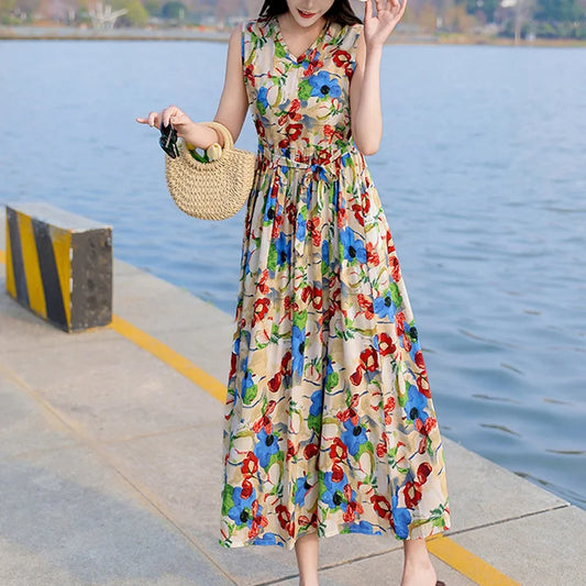 Spring Summer Dresses Fashion Female Sleeveless printed Casual Dress Women A-line Dresses Vestidos