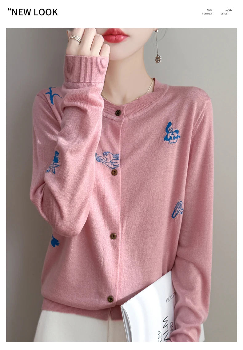 2025 New Merino Worsted Wool Women Sweater Spring Female Knitted Cardigan Long Sleeve Solid Clothing Tops Embroidery Outerwear