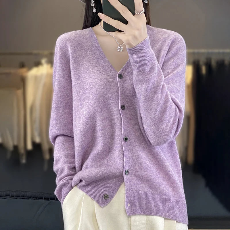 New Fashion Spring Autumn 100% Merino Wool Women's V-neck Cardigan Cashmere Sweater 2024 Female Knitwear Clothing Korean Tops