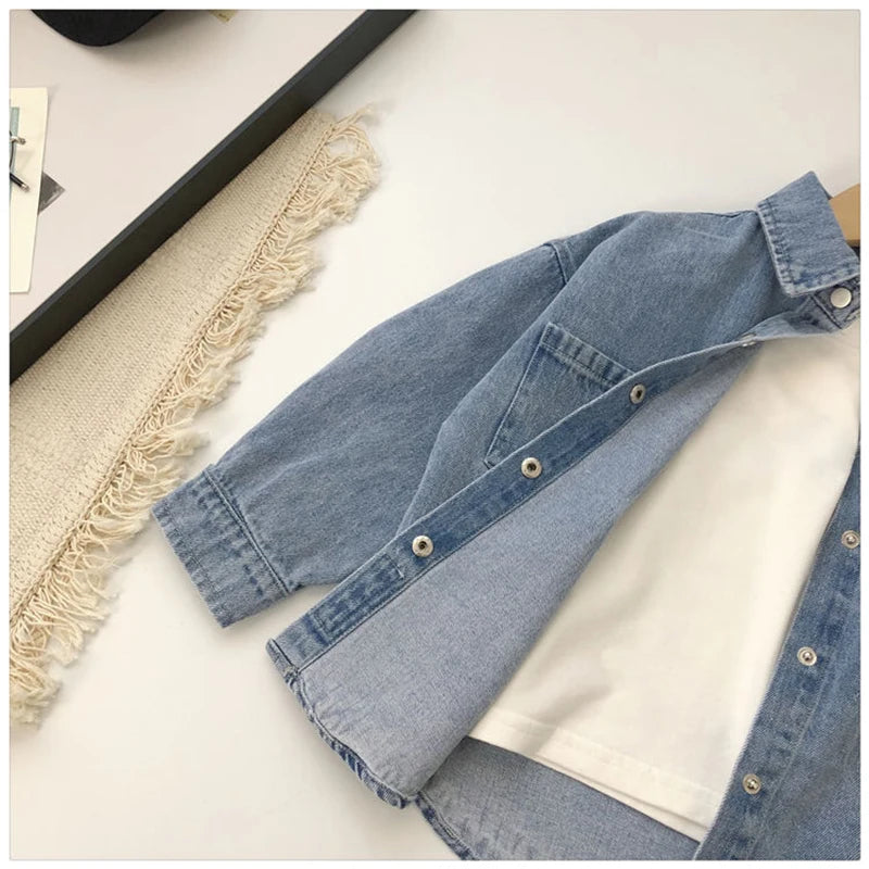 Fashion Boys Blue Denim Shirts Long Sleeved Turn Down Collar Loose Casual Shirt Spring Autumn Children Jean Tops