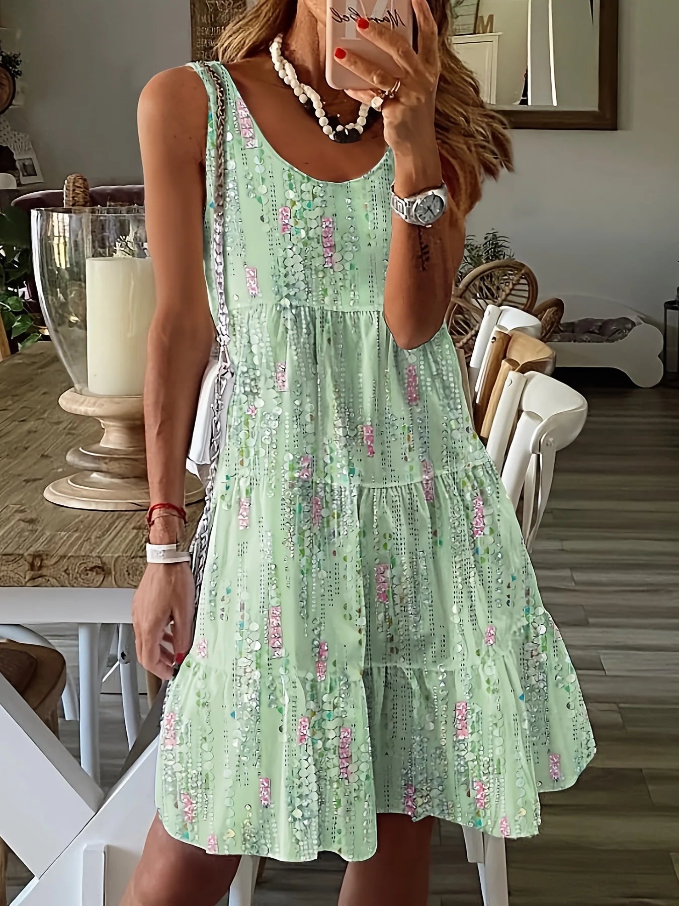 Spring and summer new casual fashion floral print loose round neck sleeveless mid-length dress