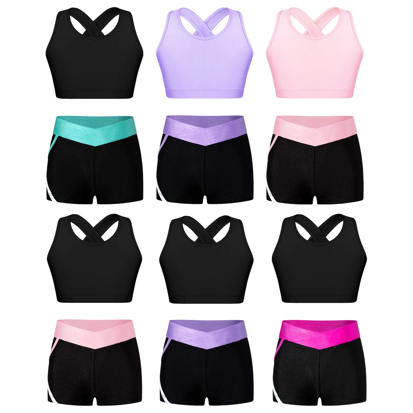 Kids Girls Workout Gymnastics Outfits Sleeveless Crop Top with Shorts Gym Running Sports Dance Performance Activewear Sportswear