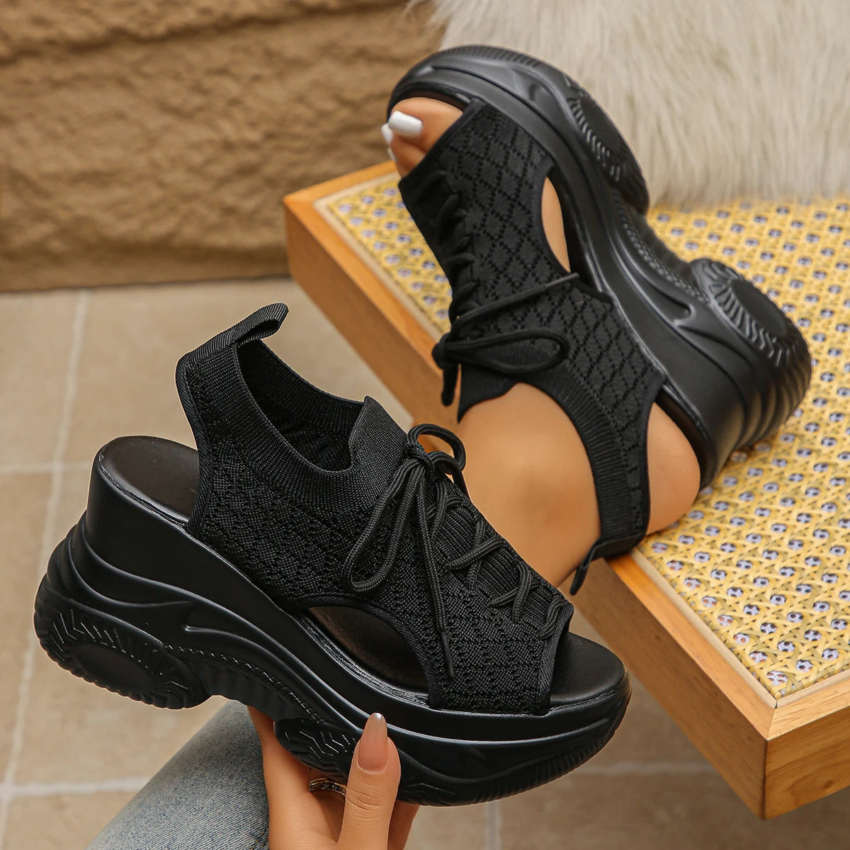 Women Sandals Non-slip Thick-soled Lace-up Casual Shoes for Women Summer Fashion Comfortable Sandals Round-toe Wedge Roman Shoes