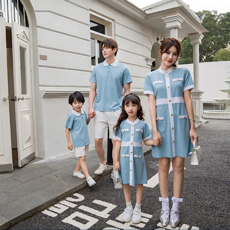 Family Bule Clothes Father and Son Polo Shirts Shorts Outfits Mother Daughter Matching Dress Brother Sister Clothes Summer