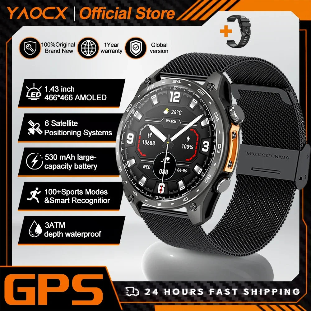 2026 New Smart Watch for Men with Built in GPS Maps 100+ Sport Modes 3ATM Waterproof BT Call MP3 MP4 Playback Altitude Compass