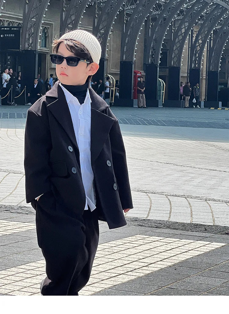 Boys Woolen Suit Set Autumn Winter Thicken Warm Casual Blazers Trousers Two-piece Children White Wedding Outfits 2 To 12 Years