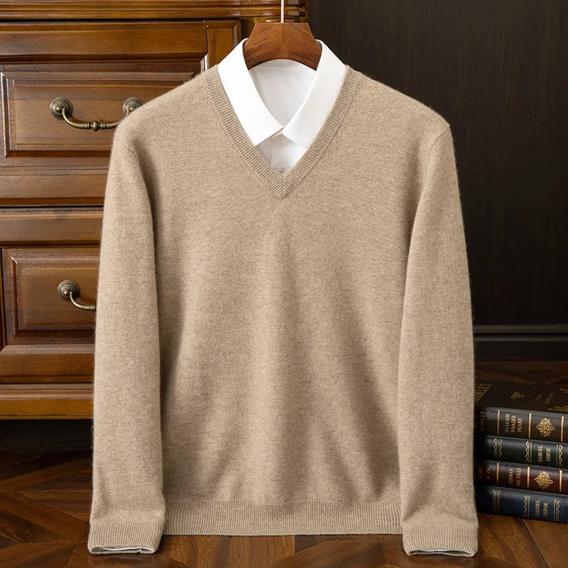 100% Cashmere Men's Pullover Casual Solid Color Knitted Sweater Loose Pull V-Neck Tops Basic Versatile Jumper