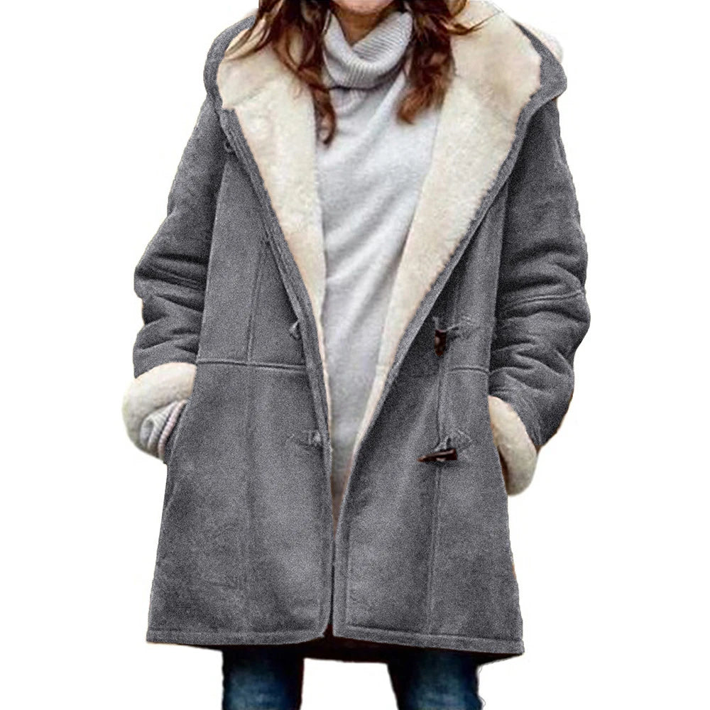 Winter Women's Sherpa Jacket Casual Trendy Warm Fleece Lined Pocket Overcoat Hooded Parka Toggle Buttons Coats Velvet Outerwear