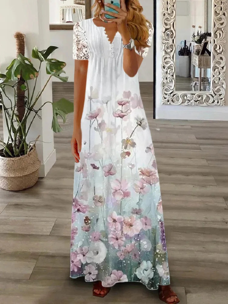 Spring Women Lace Button Loose Boho Vintage Ruffles Dresses Befree Summer Elegant Party Large Big Summer Party Maxi Dress