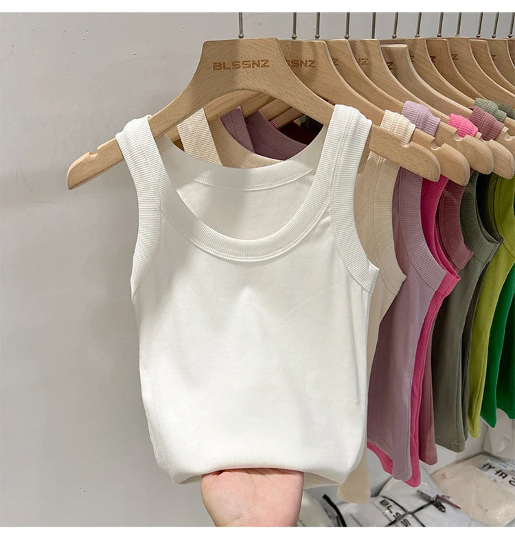 Women Solid Round Neck Ribbed Tank Top Camisole Women 2026 Summer Basic Elastic Tank Top O Neck Solid Tank Top
