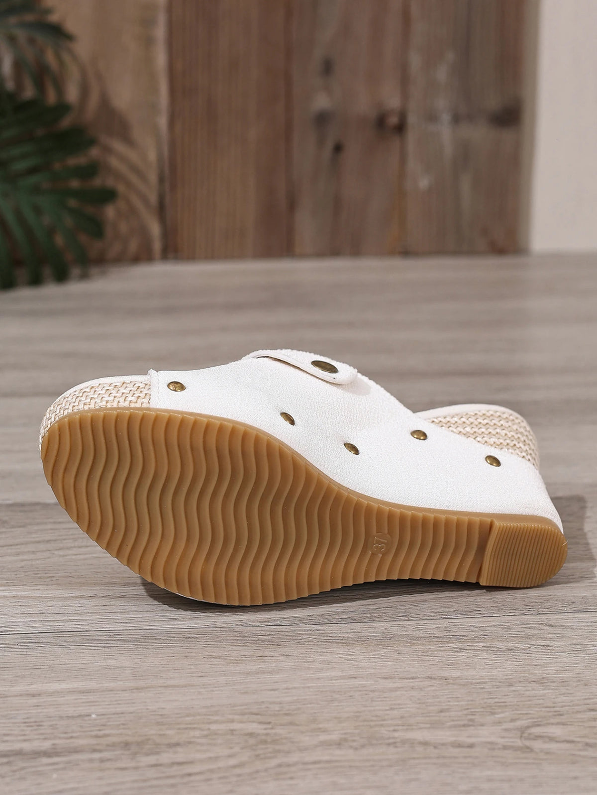 Summer Women's Espadrille Wedge Mules Black White Adjustable Buckle Open Toe Platform Sandals Rivet Decor Casual Slip-On Shoes