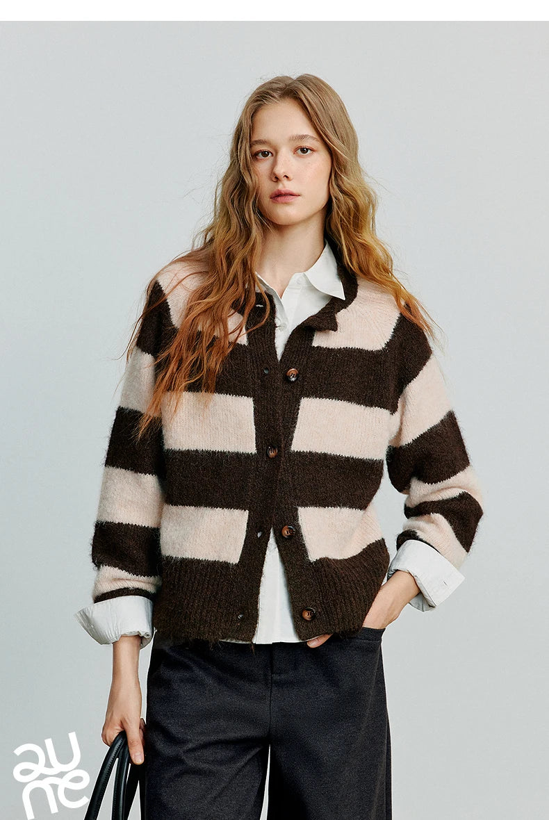TOYOUTH Women Sweater 2025 Autumn New Color Contrasting Lulu Style Striped Cardigan Tops