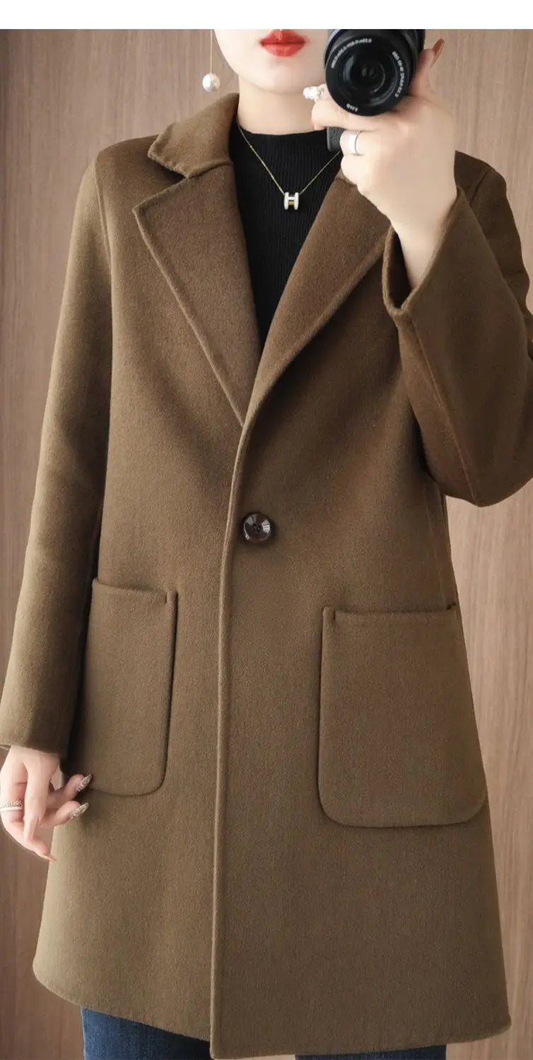100% Pure Wool Double-Sided Cashmere Jacket Women Overcoat  Autumn Winter New Mid-Length One-Button Slim Wool Windbreakers coat