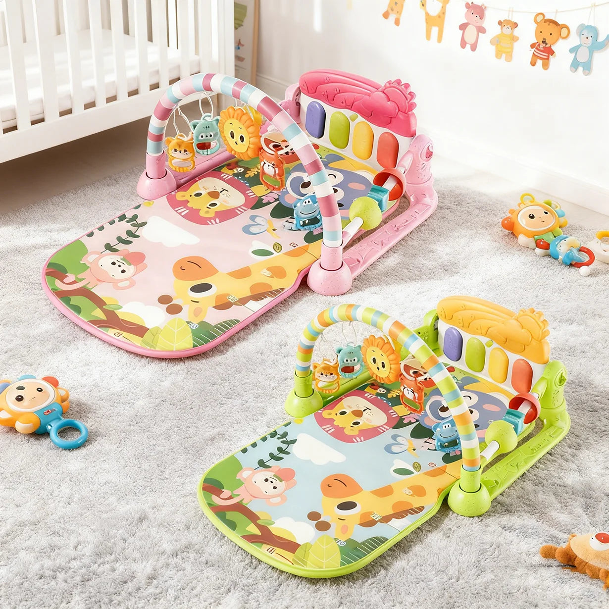 Baby Play Gym Mat with Musical Piano Newborn Activity Center Kick and Playmat with Hanging Toys Sensory Educational Gift