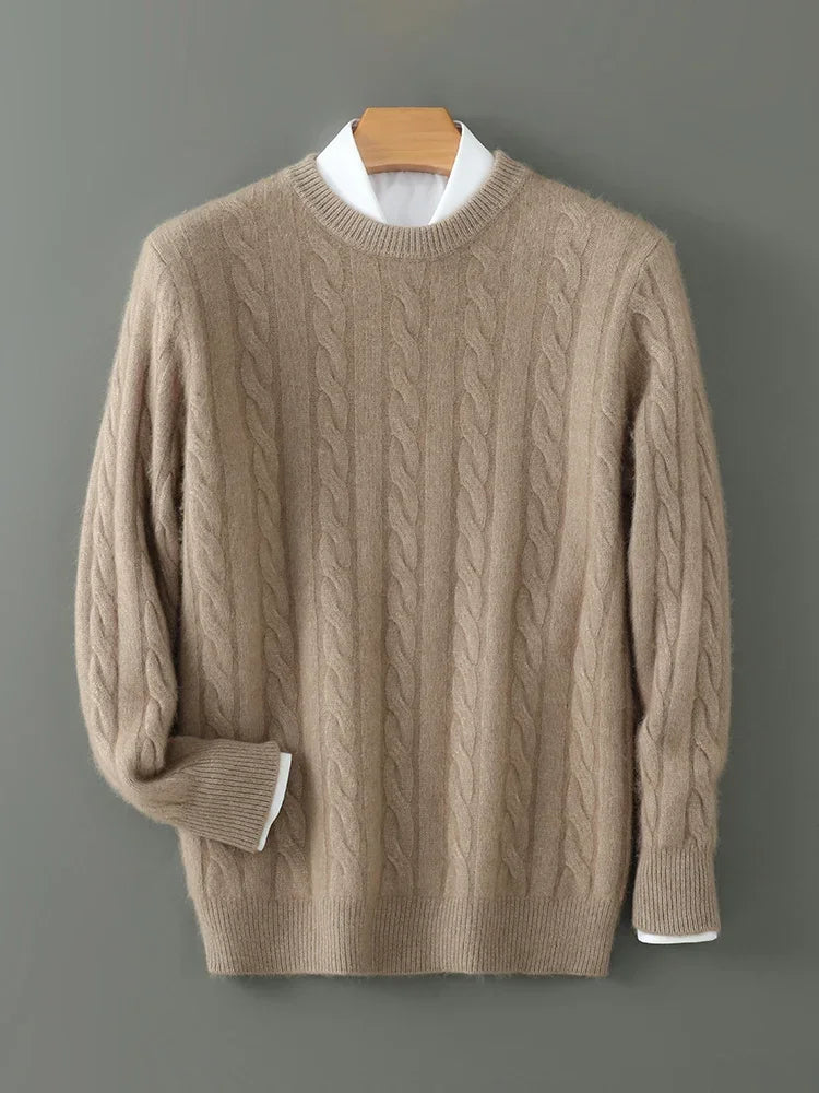Mink Cashmere Cable Knit Pullover for Men O Neck Casual Autumn Winter Sweater Top