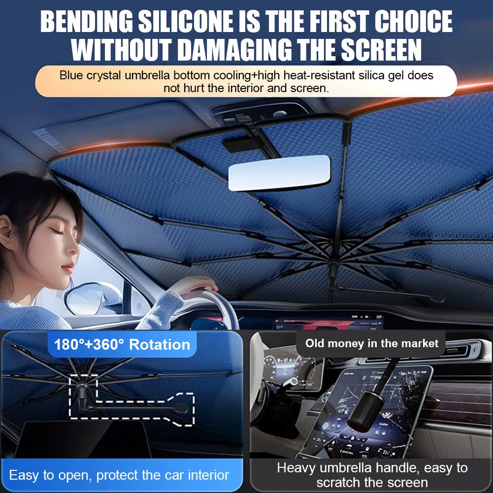 Car Sunshade Windshield Umbrella with 360° Rotation Bendable Handle Front Window Sun Shade UV Protection Summer Car Accessories