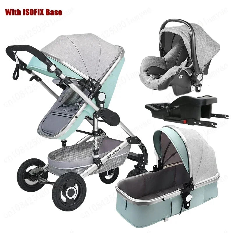 Baby stroller 3in1 with car seat with ISOFIX base, luxury high landscape baby carriage aluminum alloy frame travel stroller