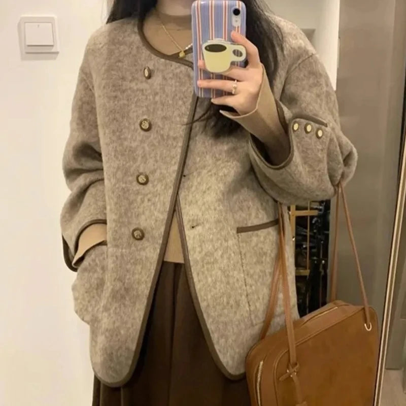 Wool Blend Coat for Women Short Plain Half Long Sleeve Elegant Mixtures Jacket Woman Fashion 2025 Winter Clothes Single Cheap