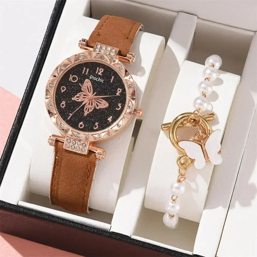 2PCS Set Creative Women Watch Quartz Butterfly Starry Wristwatches Luxury Rhinestone Watches for Ladies Relogios Feminino No Box