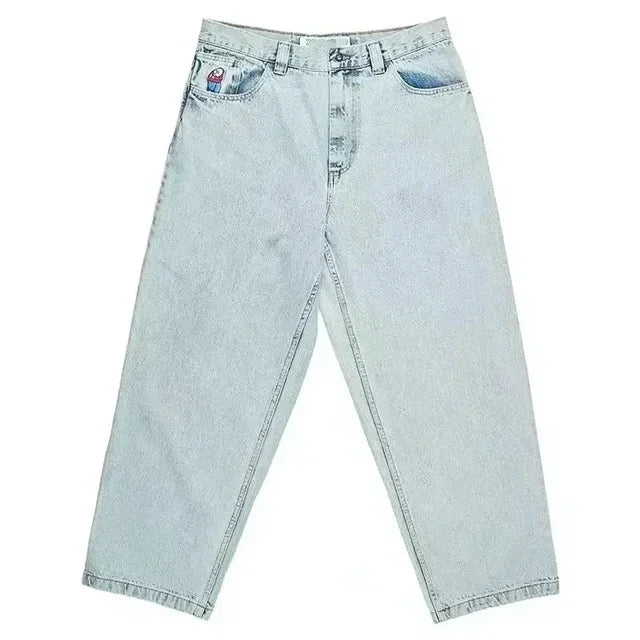 Polar Big Boy Jeans Y2K Hip Hop dibujos animados bordados Retro Azul pantalones vaqueros holgados pantalones góticos para hombre y mujer pantalón de pierna ancha de cintura alta