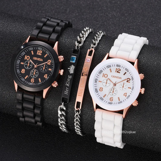 4pcs Fashion Simple Set Watches Luxury Men Women Silicone Couple Quartz Watch for Silver Business Casual Bracelet Wristwatch