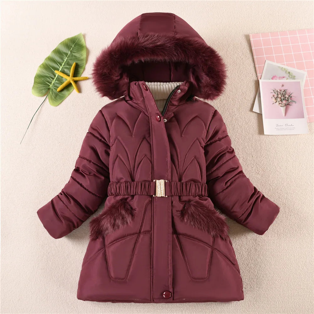 New Winter Keep Warm Girls Jacket  Waist Belt Design Detachable Hat Lining Plush Hooded Heavy Coat For Kids