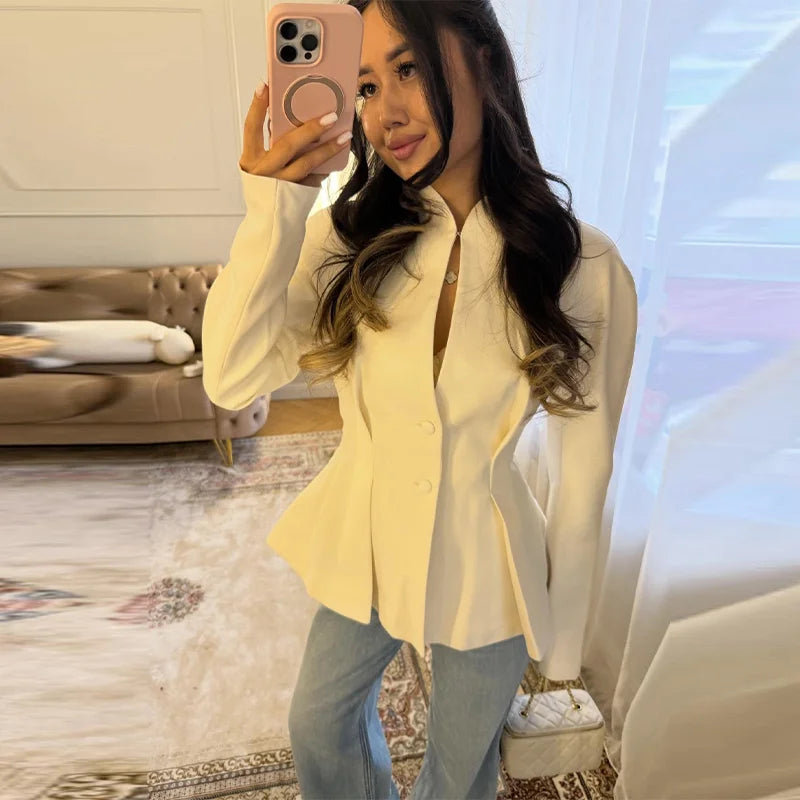 Elegant Pleated Waist Cinched Women's Jacket  Chic V Neck Single Breasted Lace Up Coat 2026 Lady Casual Slim Commute Outerwear