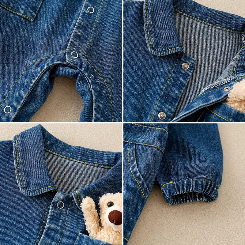 Autumn Denim Baby Jumpsuits Cute Pocket Bear Romper for Boys Girls Newborn Overalls Korean Toddler Onesie Spring Kids Clothing