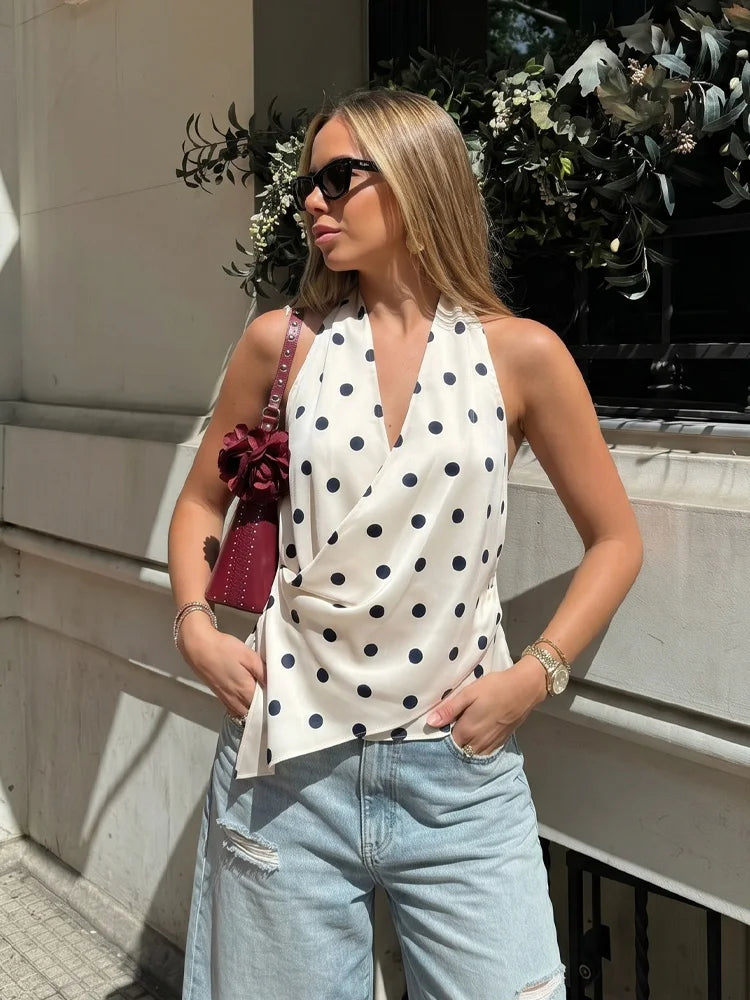 HH Women Fashion Halter Tops Draped Asymmetrical Hem Elegant Satin Sleeveless Summer Vest Female Casual Party Polka Dot Tops