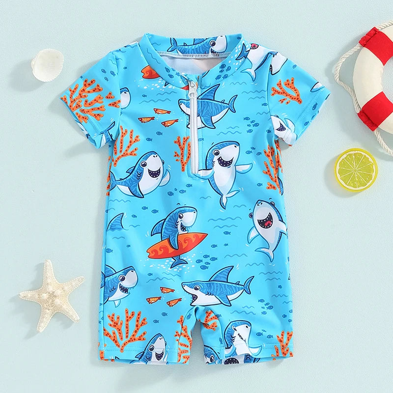 Toddler Baby Boys Rash Guard Swimsuit Rompers Zipper Short Sleeve Shark Print Kids Bathing Suit Swimwear