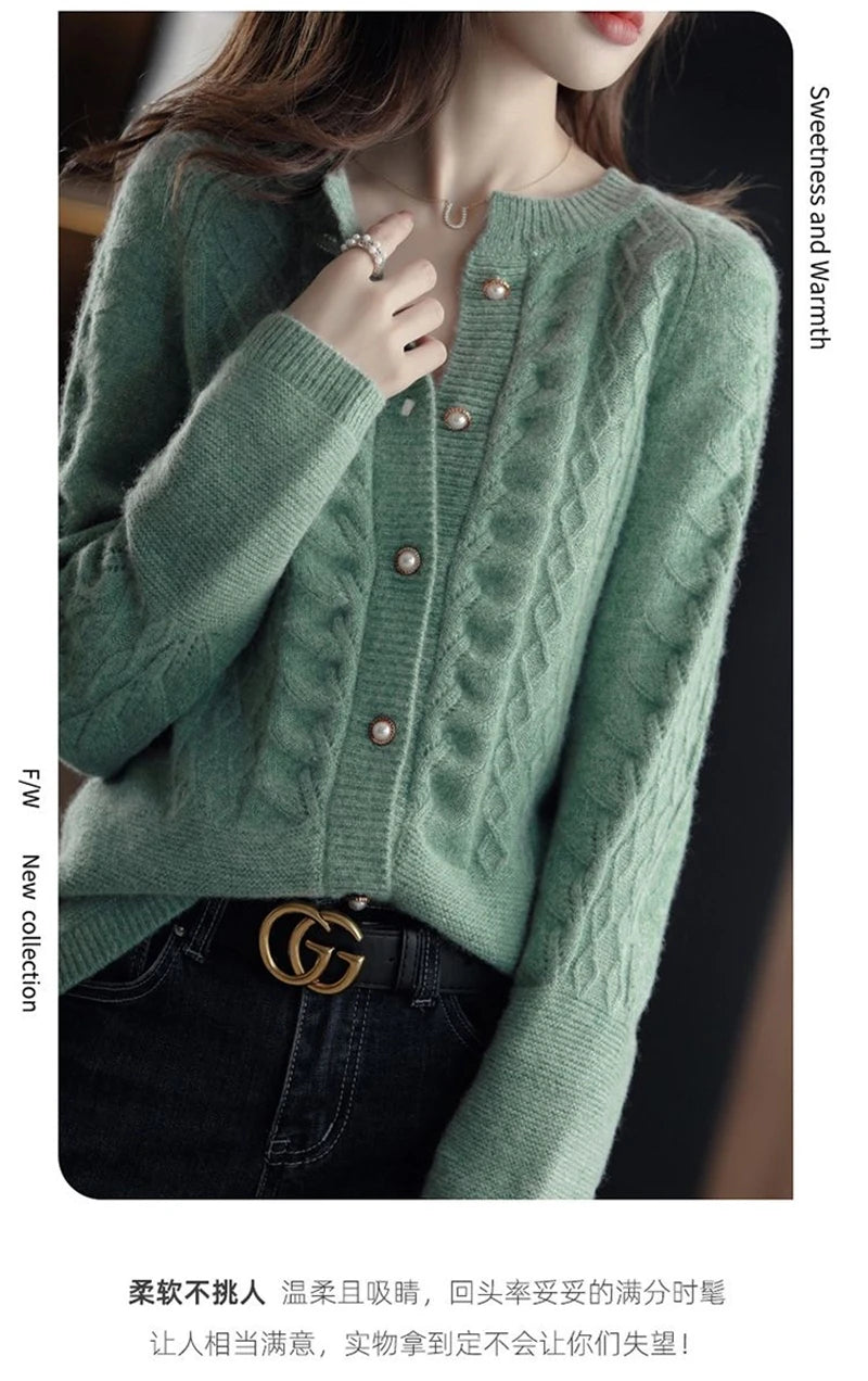 Cashmere Sweater Cardigan Women Single Breasted Long Sleeve Elegant Vintage Jumper Solid Wool Knitted Autumn Winter Outwear