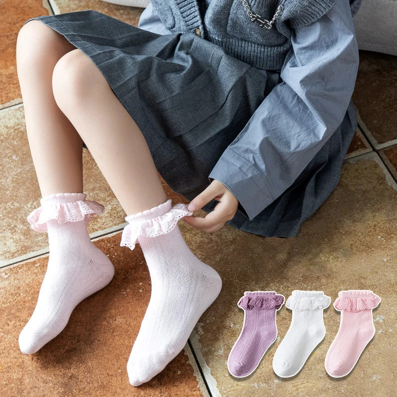 Kids Girls Cute White Princsee with Ruffles Lace Sock for Baby Spring Autumn Cotton Frilly Dance Toddler Short Ankle Stockings