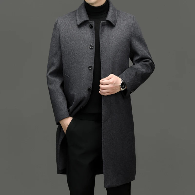 Men's High-End and Fashionable Cashmere Coats for Autumn and Winter, Mid-Length Lapel Jackets, Wool and Woolen Fabrics