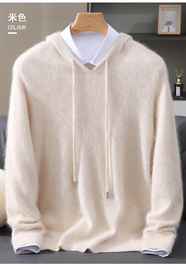 Men's Clothing: 100% Pure Mink Cashmere Knitted Sweater Casual And Loose Large-Sized Hooded Pullover Autumn Winter New Products