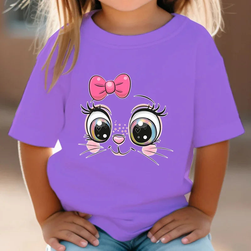 Teen Girl Clothes Pink Bow Cat Girl T-Shirt Summer Fashion Crew Neck Junior Girls' Clothing Short Sleeve Outdoor Children Top