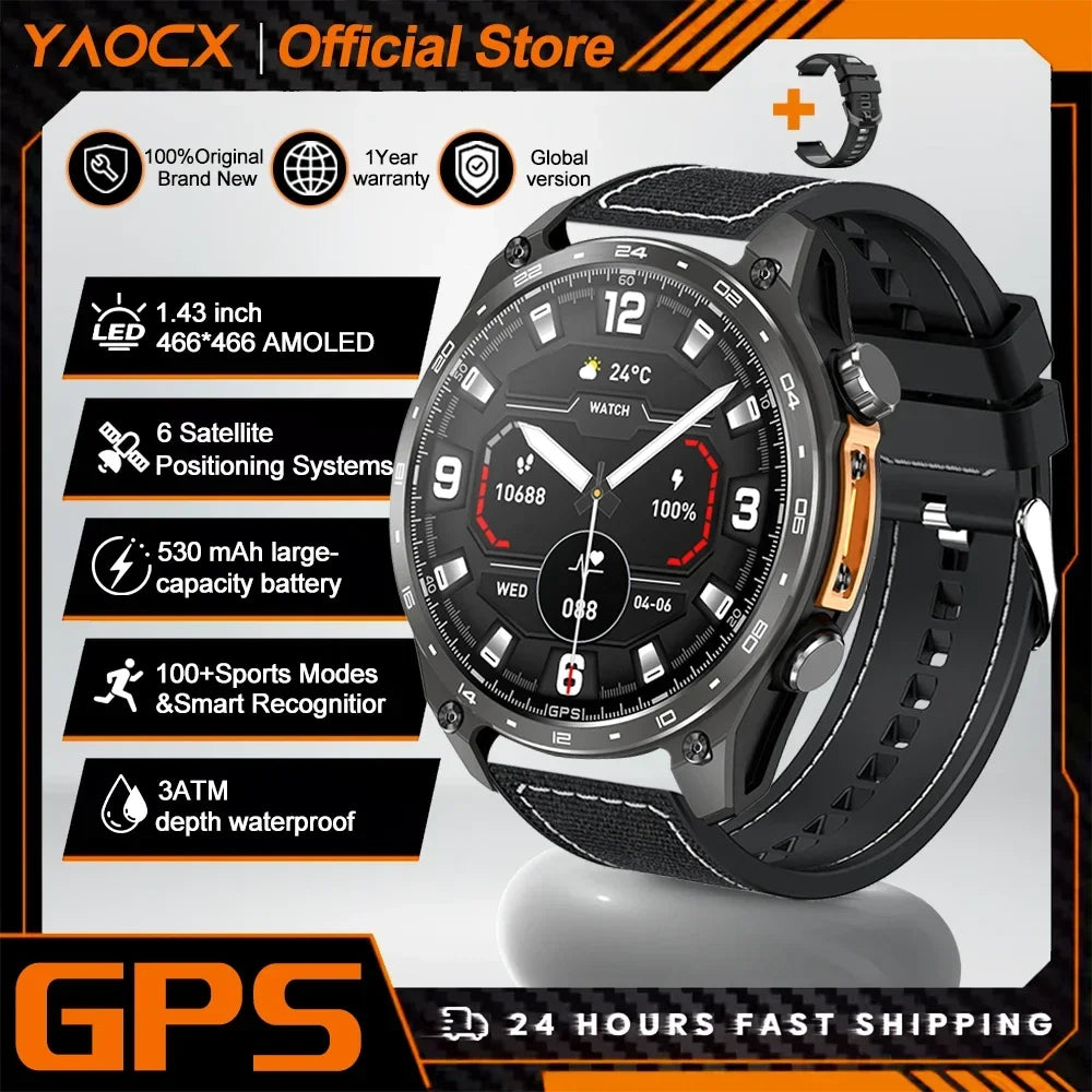 2026 New Smart Watch for Men with Built in GPS Maps 100+ Sport Modes 3ATM Waterproof BT Call MP3 MP4 Playback Altitude Compass
