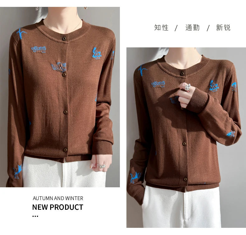 2025 New Merino Worsted Wool Women Sweater Spring Female Knitted Cardigan Long Sleeve Solid Clothing Tops Embroidery Outerwear