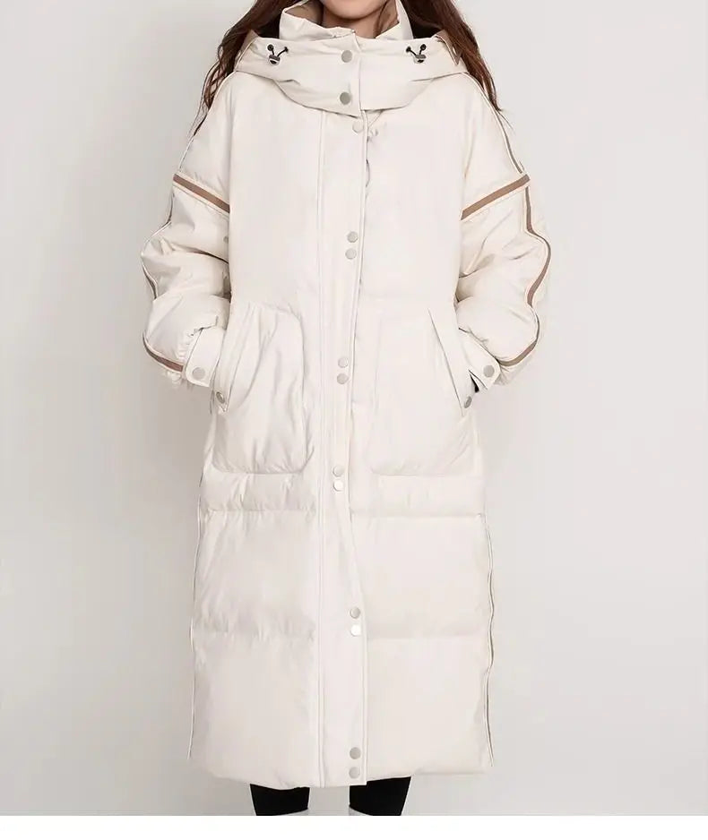 Winter Color-matched Plaid Hooded Casual Knee-length Down Jacket