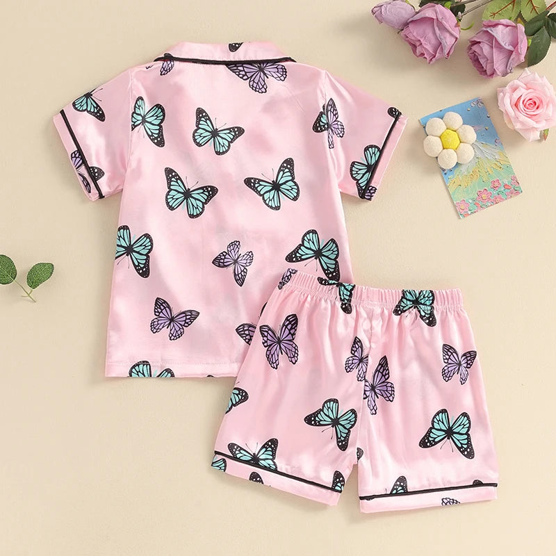 SUNSIOM Toddler Girls Pajama Sets Short Sleeve Lapel Shirt Butterfly Print Pants Sleepwear 2PCS Summer Casual Clothes