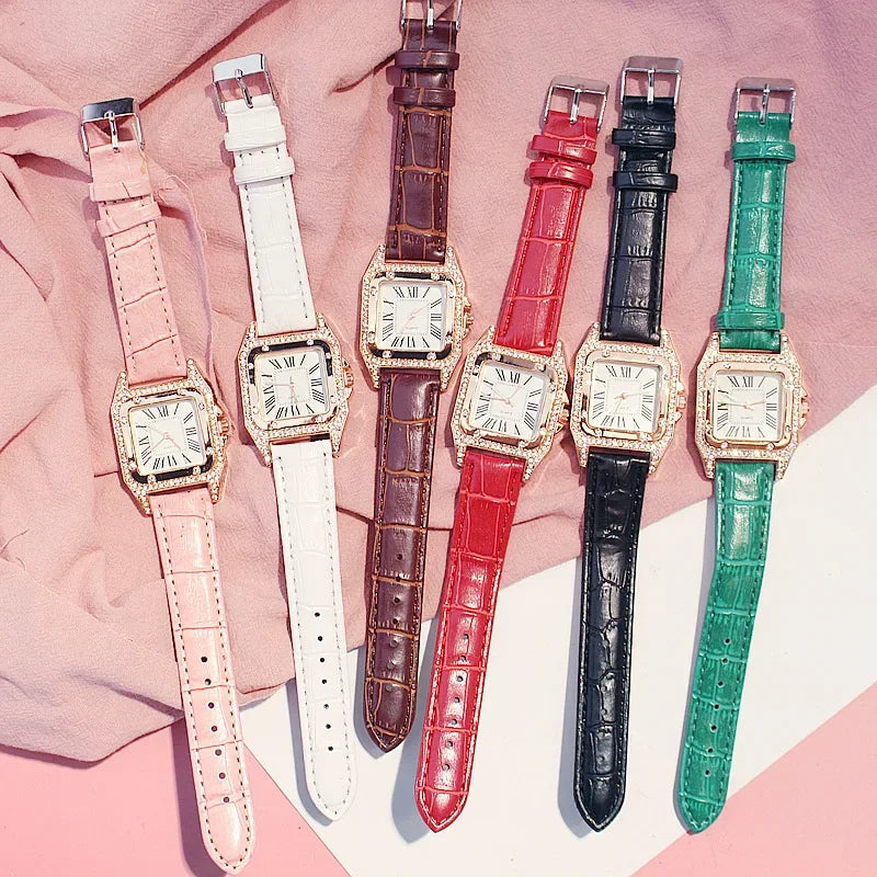 Square Luxury Diamond Women Watches Set Leather Waterproof Female Quartz Wristwatch Relogio Feminino Reloj Mujer Christmas