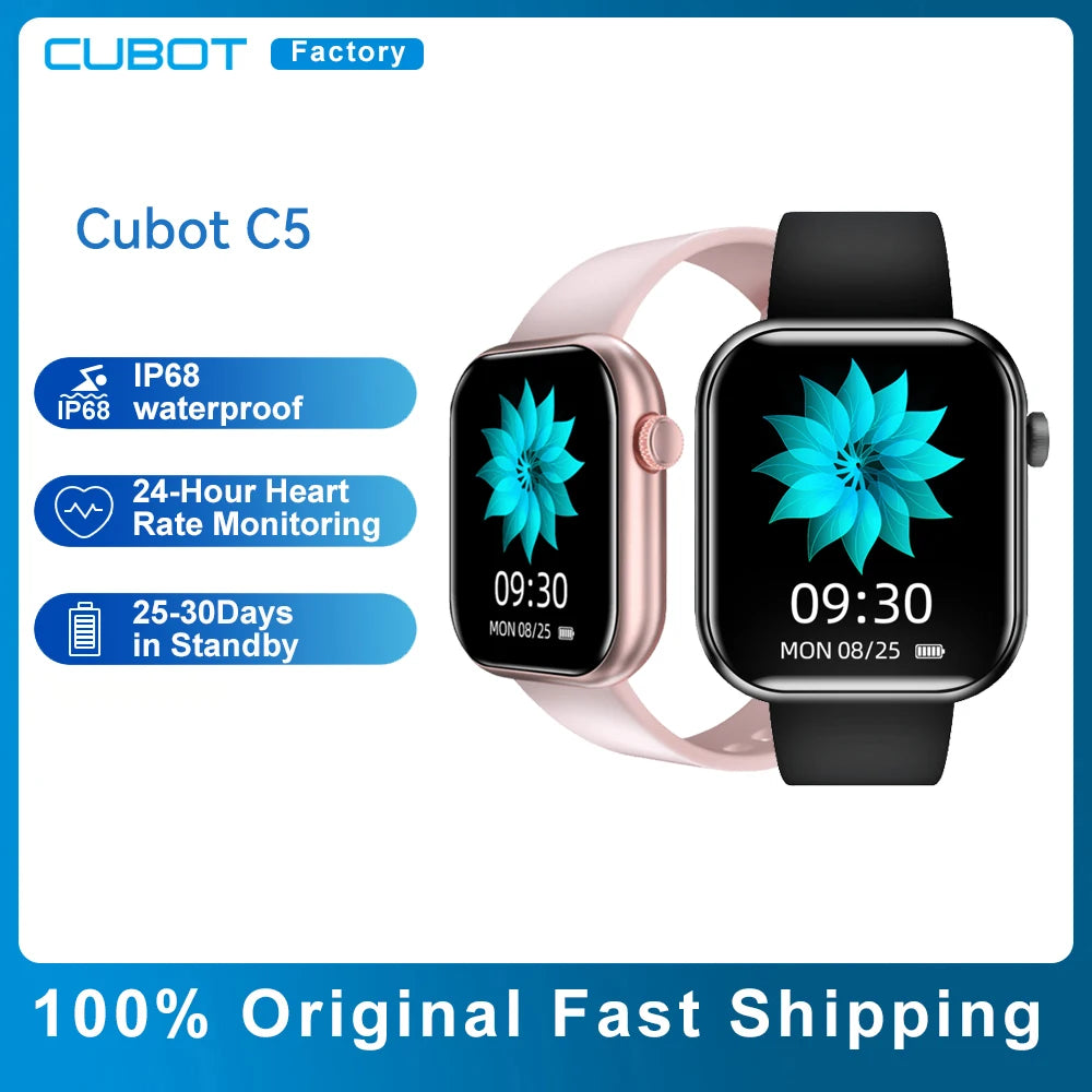Cubot C5 Smart Watch 1.7"Heart Rate Monitor 10 Sport Modes 5ATM Waterproof Call Message Notification Women Men Sports Smartwatch
