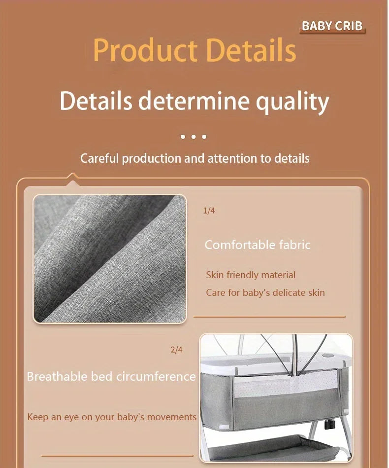 Baby Crib, Portable Splicing, Cradle Bed, Foldable Height Adjustable Splicing, and Movable Bedside Swing, Cradle Bed