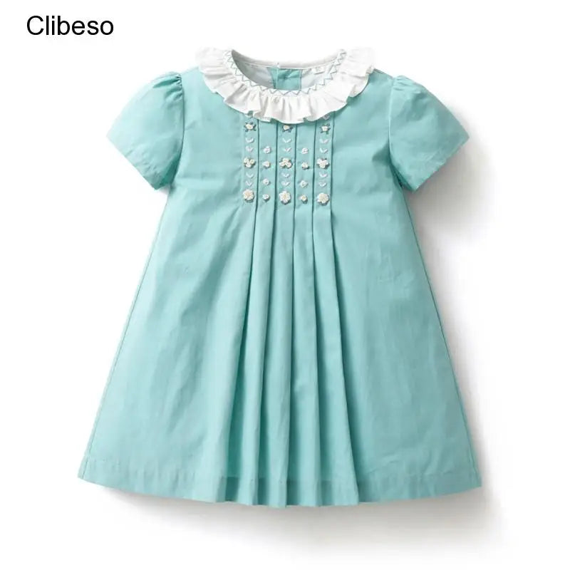 Vestido bordado hecho a mano para niñas pequeñas, vestido de manga corta con cuello con volantes, vestidos de flores bordados de algodón para niños pequeños