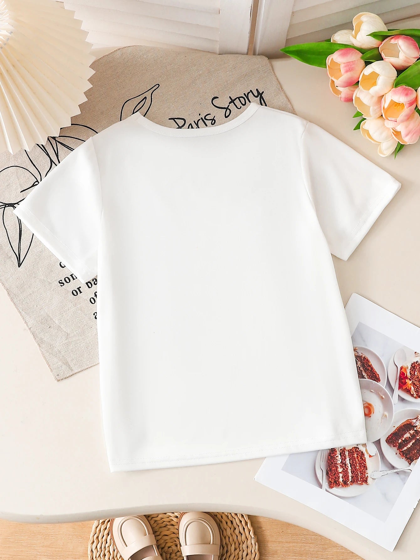 Kids Girls T-Shirt, Elegant Blue Lace Bow Print Short Sleeve Casual Cotton Top for Summer Daily Wear