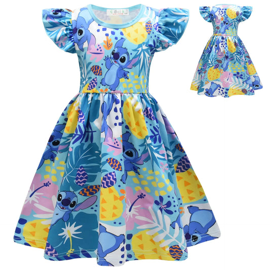 2024 New Lilo and Stitch Girls Dress Costume Disney Clothing Cosplay Halloween Kids Birthday Party Cartoon Print Childrens Dress